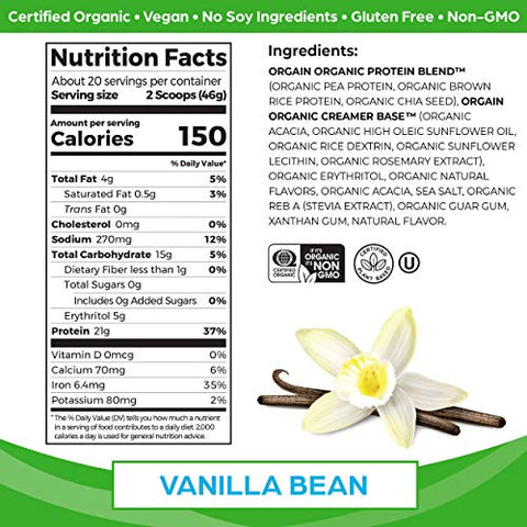 Orgain Organic Vegan Protein Powder - Vanilla Bean, 21g Plant Based Protein, Gluten Free, Non-GMO,  2.03 lb.